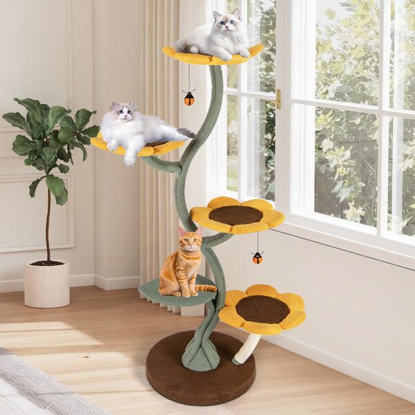 Costway Torre multifunzionale per gatti di girasole con 4 piattaforme a forma di fiore, Torre mobili arrampicata per gatti
