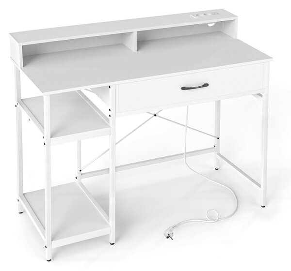 Costway Scrivania per computer ufficio domestico mensola superiore, Scrivania per computer con prese di corrente Bianco