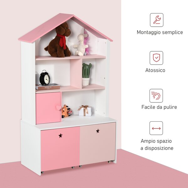 HOMCOM Scaffale Libreria Organizzatore Armadietto a Scomparti per bambini con cassetto scomparto in MDF P2 Rosa 80 x 34 x 130cm|Aosom