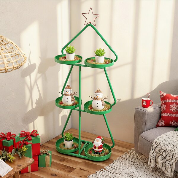 Costway Supporto per piante di natale a forma di alberocon stella rossa e vassoi per stoccaggio, Supporto per decorazioni festive