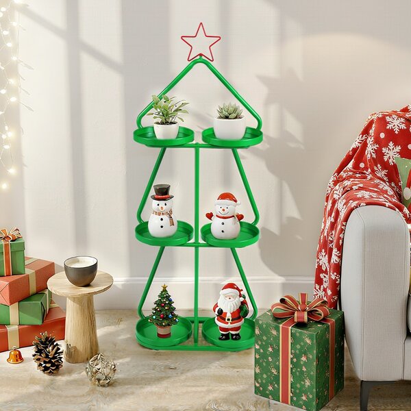 Costway Supporto per piante di natale a forma di alberocon stella rossa e vassoi per stoccaggio, Supporto per decorazioni festive