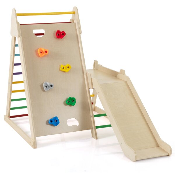 Costway Palestra jungle 3 in 1 parco giochi interno per bambini con scivolo esteso, Palestra scaletta in legno e struttura da gioco