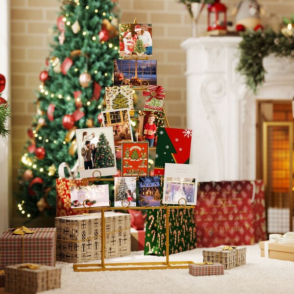 Costway Portacarte supporto per foto a forma di albero di natale con clip rotonde, Portacarte portaoggetti in metallo da appendere