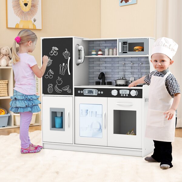 Costway Cucina da gioco finta set per bambini con lavagna telefono microonde, Cucina da gioco finta fabbricatore di ghiaccio divertente Beige