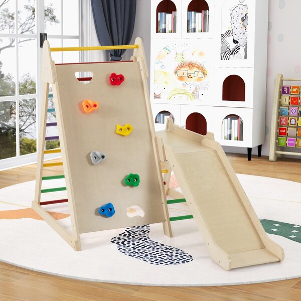Costway Palestra jungle 3 in 1 parco giochi interno per bambini con scivolo esteso, Palestra scaletta in legno e struttura da gioco
