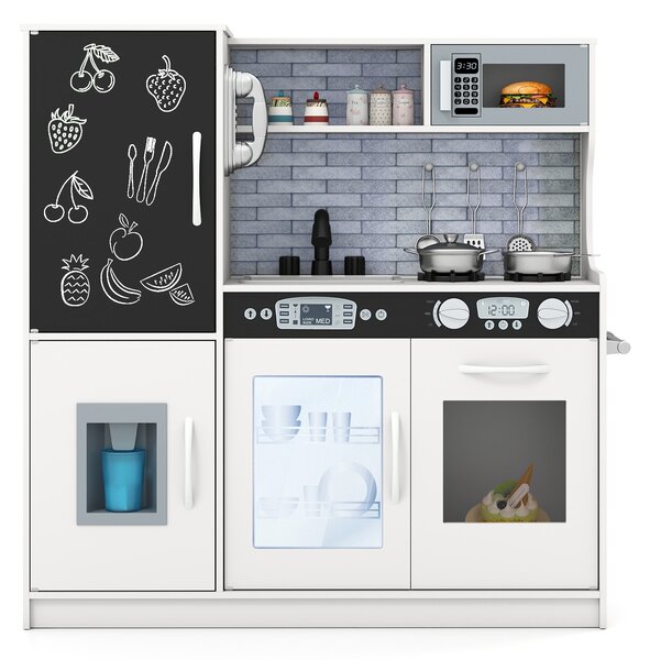 Costway Cucina da gioco finta set per bambini con lavagna telefono microonde, Cucina da gioco finta fabbricatore di ghiaccio divertente Beige