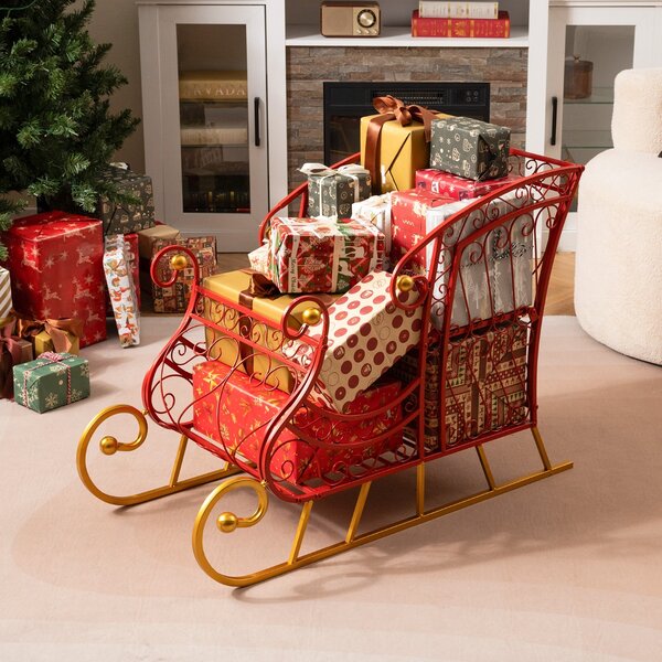 Costway Cestino slitta di babbo natale in metallo per natale decorazione natalizia per casa, Cestino slitta decorativa festiva