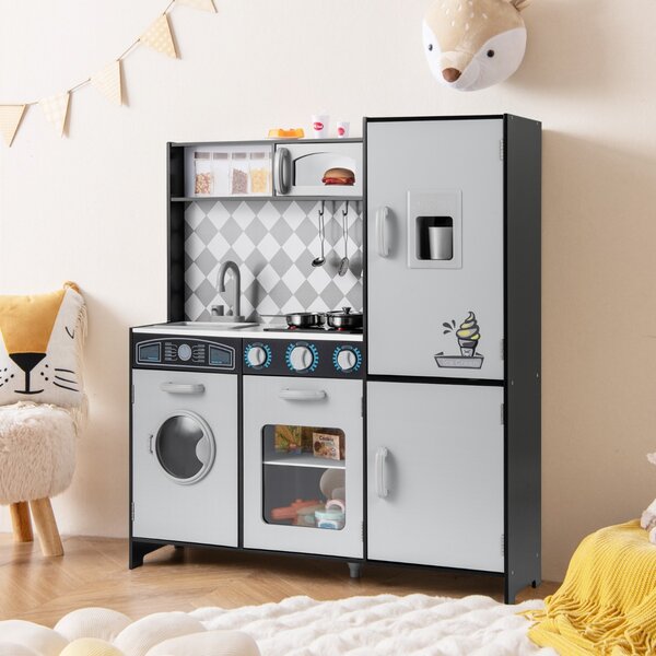 Costway Cucina giocattolo in legno integra macchina del ghiaccio e piano cottura, Cucina giocattolo integra forno e microonde Grigio