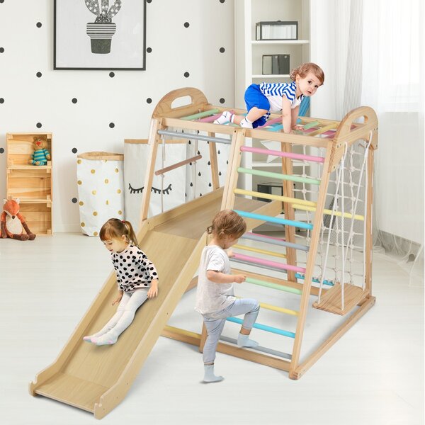 Costway Set da arrampicata in legno con scivolo barra delle scimmie scala a corda, Palestra per bambini 8 in 1 con piattaforma Colorato
