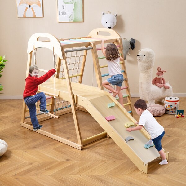 Costway Set da arrampicata in legno con scivolo barra delle scimmie scala a corda, Palestra per bambini 8 in 1 con piattaforma Colorato