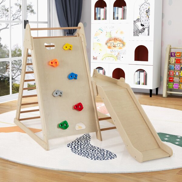 Costway Palestra jungle 3 in 1 parco giochi interno per bambini con scivolo esteso, Palestra scaletta in legno e struttura da gioco Naturale