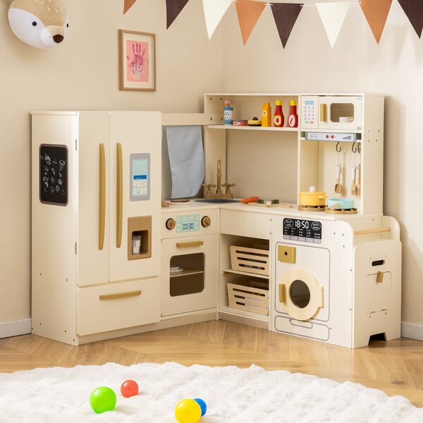 Costway Cucina angolare giocattolo da gioco ad angolo con luci e suoni, Cucina angolare giocattolo set frigorifero a doppia porta Beige