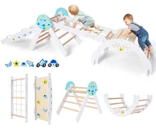 Costway Set triangolo giocattoli pieghevoli per bambini che scalano, Triangolo palestra interno con scivolo ad arco Bianco
