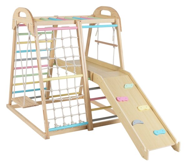 Costway Set da arrampicata in legno con scivolo barra delle scimmie scala a corda, Palestra per bambini 8 in 1 con piattaforma Colorato