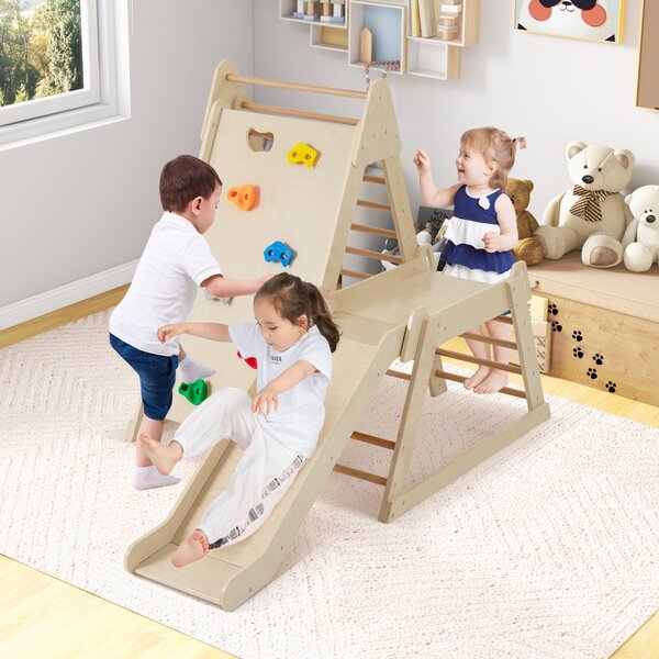 Costway Palestra jungle 3 in 1 parco giochi interno per bambini con scivolo esteso, Palestra scaletta in legno e struttura da gioco Naturale