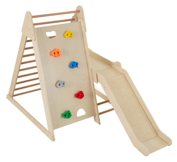 Costway Palestra jungle 3 in 1 parco giochi interno per bambini con scivolo esteso, Palestra scaletta in legno e struttura da gioco Naturale