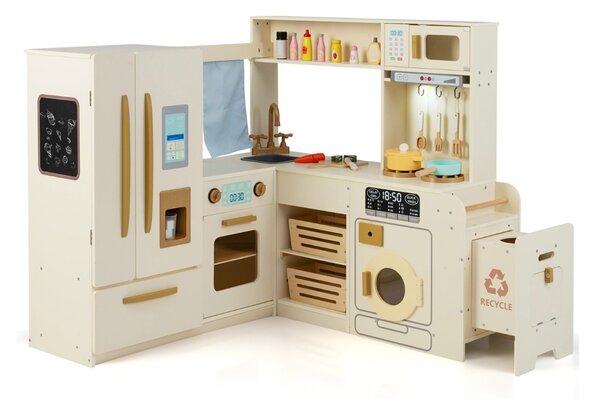 Costway Cucina angolare giocattolo da gioco ad angolo con luci e suoni, Cucina angolare giocattolo set frigorifero a doppia porta Beige