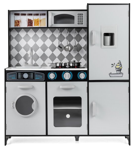 Costway Cucina giocattolo in legno integra macchina del ghiaccio e piano cottura, Cucina giocattolo integra forno e microonde Grigio