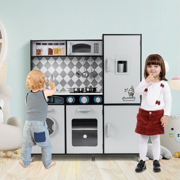 Costway Cucina giocattolo in legno integra macchina del ghiaccio e piano cottura, Cucina giocattolo integra forno e microonde Grigio