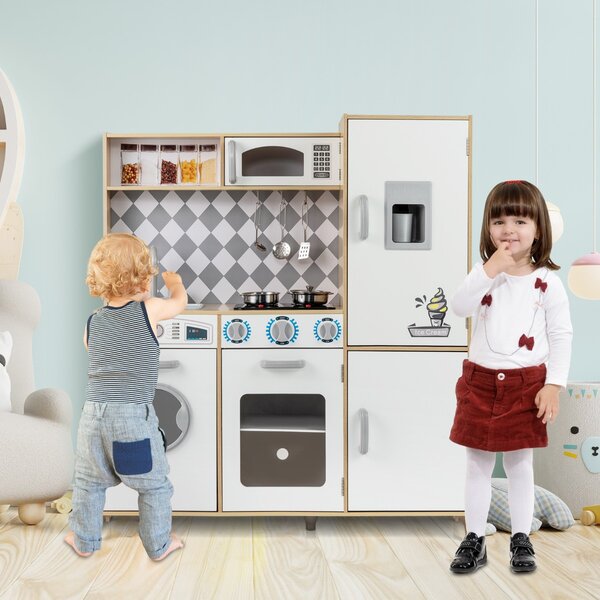 Costway Cucina giocattolo in legno integra macchina del ghiaccio e piano cottura, Cucina giocattolo integra forno e microonde Legno naturale
