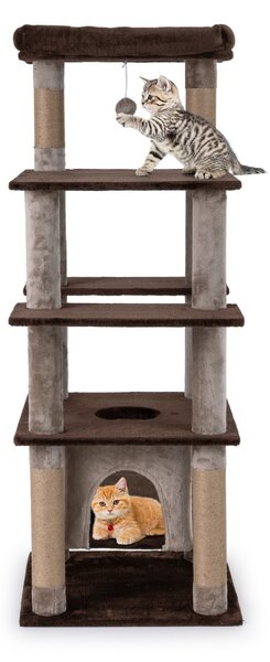 Costway Albero per gatti 148 cm torre per gatti alta con condo aereo oscillante, Albero per gatti tiragraffi foro pompon e piattaforme Marrone