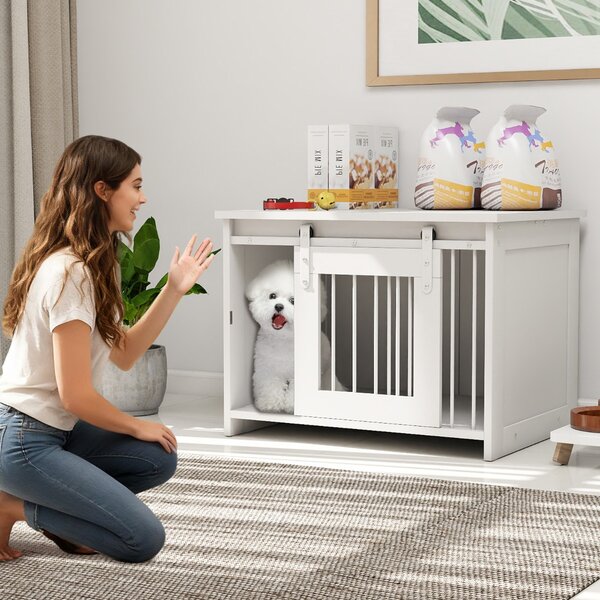 Costway Cuccia per cani gabbia in legno con ampio piano superiore e porta scorrevole, Cuccia moderna di piccola Bianco