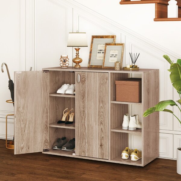 Costway Mobiletto per scarpe con ante in legno autonomo per ingress, Scaffale porta scarpe a 3 ripiani con mensole regolabili Legno naturale