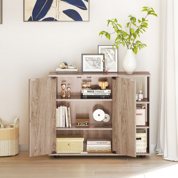 Costway Mobiletto per scarpe con ante in legno autonomo per ingress, Scaffale porta scarpe a 3 ripiani con mensole regolabili Legno naturale