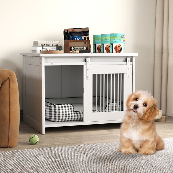 Costway Cuccia per cani gabbia in legno con ampio piano superiore e porta scorrevole, Cuccia moderna di piccola Bianco