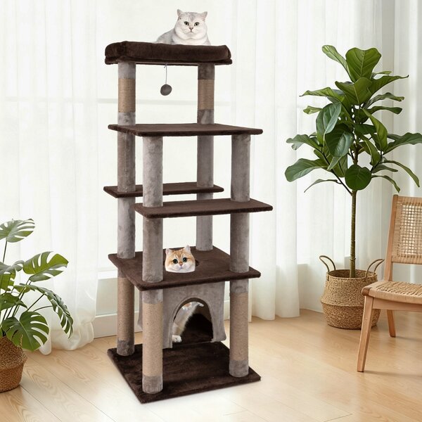 Costway Albero per gatti 148 cm torre per gatti alta con condo aereo oscillante, Albero per gatti tiragraffi foro pompon e piattaforme Marrone