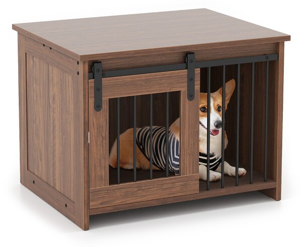 Costway Cuccia per cani gabbia in legno con ampio piano superiore e porta scorrevole, Cuccia moderna di piccola Marrone