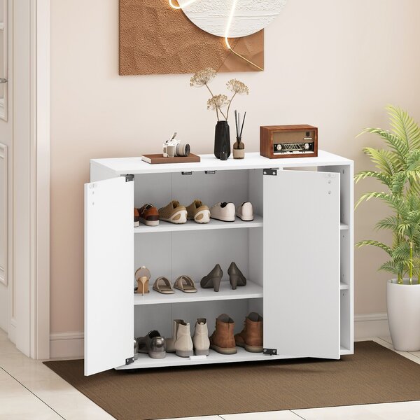 Costway Mobiletto per scarpe con ante in legno autonomo per ingress, Scaffale porta scarpe a 3 ripiani con mensole regolabili Bianco