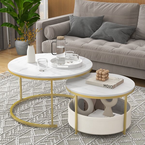 Costway Tavolini da caffè set di 2 tavolini da caffè rotondi tavolini cocktail circolari con cestino, Tavolini da caffè soggiorno e camera da letto