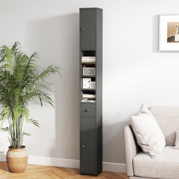 Costway Armadio da bagno alto slim con 1 cassetto di stoccaggio, Armadio da bagno 5 ripiani regolabili struttura antiscivolo Grigio