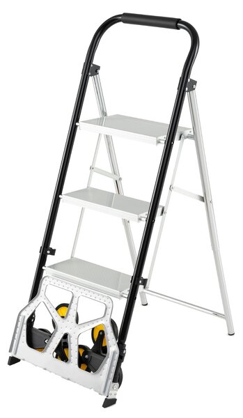 Costway Sgabello a 3 gradini in alluminio con pedali antiscivolo con ruote, Carrello a mano pieghevole 2 in 1 e scala Nero e argento