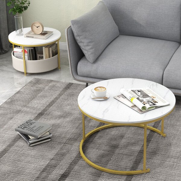 Costway Tavolini da caffè set di 2 tavolini da caffè rotondi tavolini cocktail circolari con cestino, Tavolini da caffè soggiorno e camera da letto