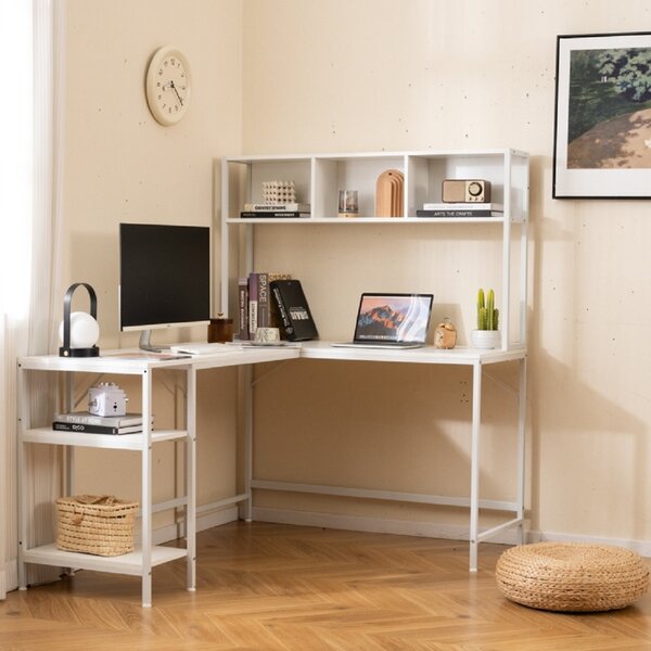 Costway Scrivania per computer a forma di l con pensile ripiani e gancio libreria, Scrivania per computer ufficio domestico Bianco