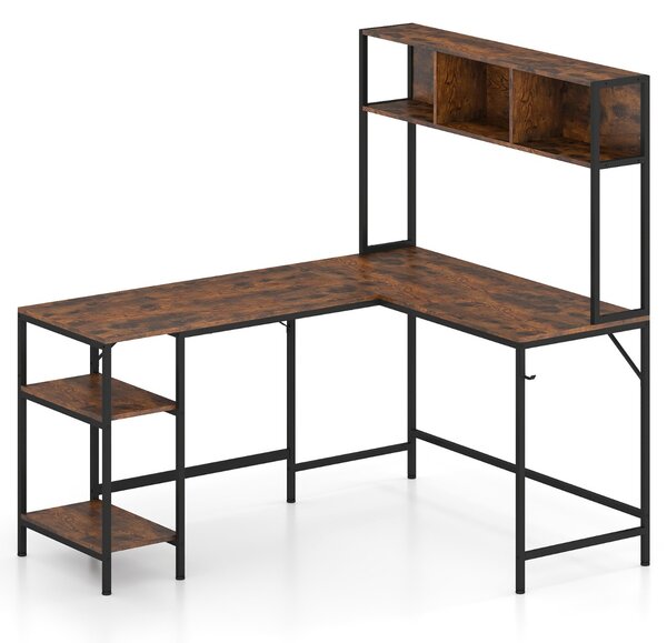Costway Scrivania per computer a forma di l con pensile ripiani e gancio libreria, Scrivania per computer ufficio domestico Marrone