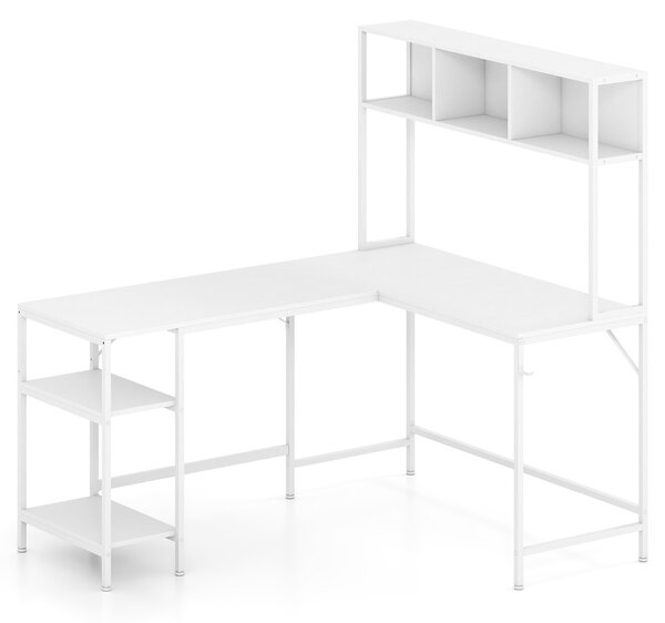 Costway Scrivania per computer a forma di l con pensile ripiani e gancio libreria, Scrivania per computer ufficio domestico Bianco