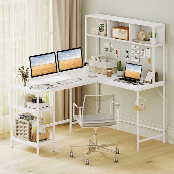 Costway Scrivania per computer a forma di l con pensile ripiani e gancio libreria, Scrivania per computer ufficio domestico Bianco