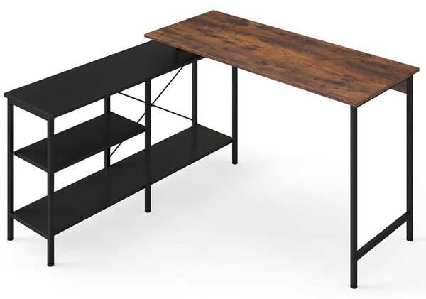Costway Scrivania grande da gioco per computer 2 ripiani portaoggetti, Scrivania angolare grande da gioco reversibile Marrone