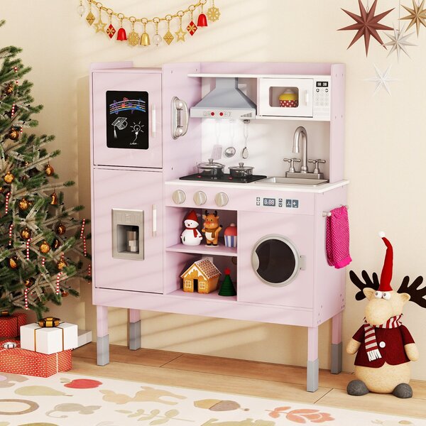 Costway Cucinetta per bambini con cappa macchina del ghiaccio telefono, Cucina con luci e suoni realistici per bambini Rosa