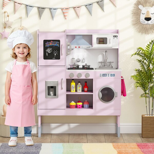 Costway Cucinetta per bambini con cappa macchina del ghiaccio telefono, Cucina con luci e suoni realistici per bambini Rosa