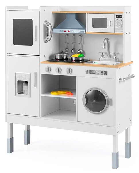 Costway Cucinetta per bambini con cappa macchina del ghiaccio telefono, Cucina con luci e suoni realistici per bambini Legno naturale
