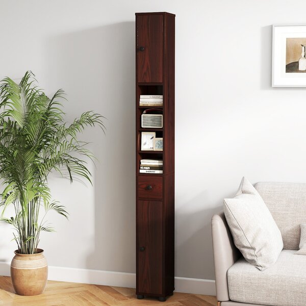 Costway Armadio da bagno alto slim con 1 cassetto di stoccaggio, Armadio da bagno 5 ripiani regolabili struttura antiscivolo Marrone scuro