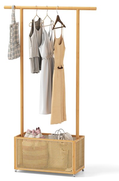 Costway Appendiabiti con cesto di stoccaggio in rattan e ruote per spazi piccoli, Appendiabiti in bambù per camera da letto Legno naturale