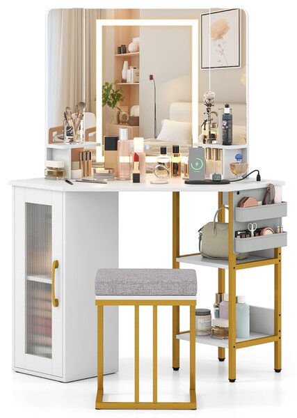 Costway Tavolo da trucco con specchio e sedia 3 colori di luce e luminosità regolabile, Tavolo da toeletta angolare con triplo specchio