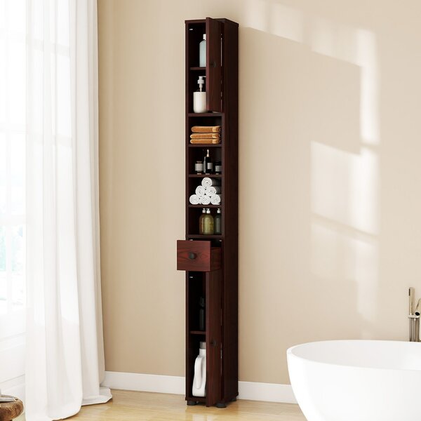 Costway Armadio da bagno alto slim con 1 cassetto di stoccaggio, Armadio da bagno 5 ripiani regolabili struttura antiscivolo Marrone scuro