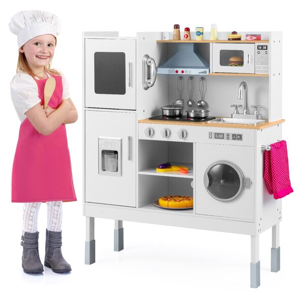 Costway Cucinetta per bambini con cappa macchina del ghiaccio telefono, Cucina con luci e suoni realistici per bambini Legno naturale