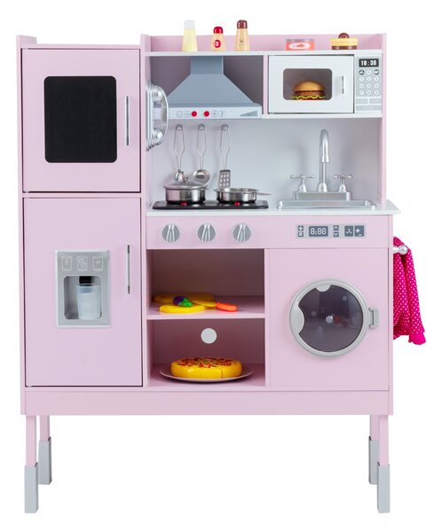 Costway Cucinetta per bambini con cappa macchina del ghiaccio telefono, Cucina con luci e suoni realistici per bambini Rosa